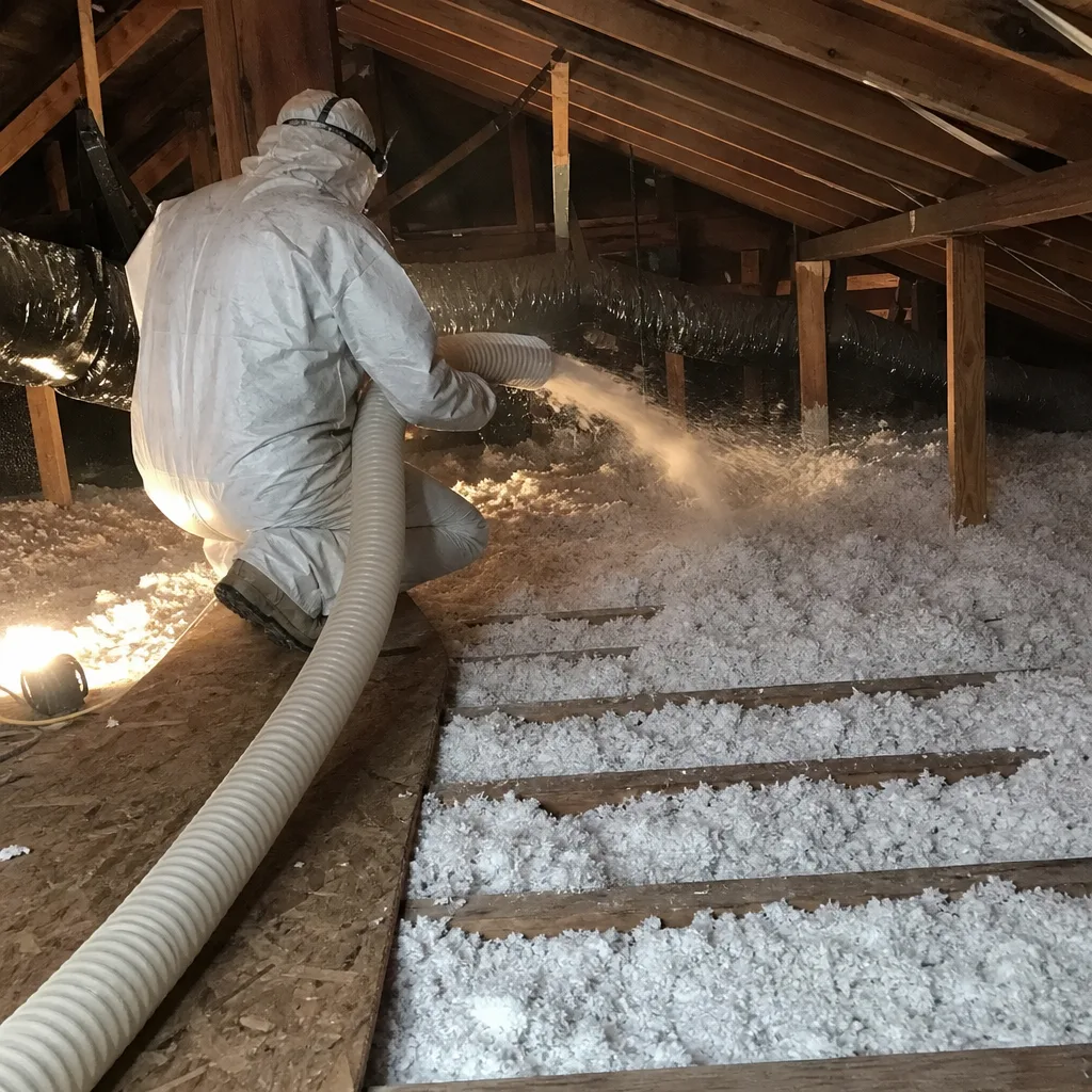 Technician blowing loose-fill insulation into an attic