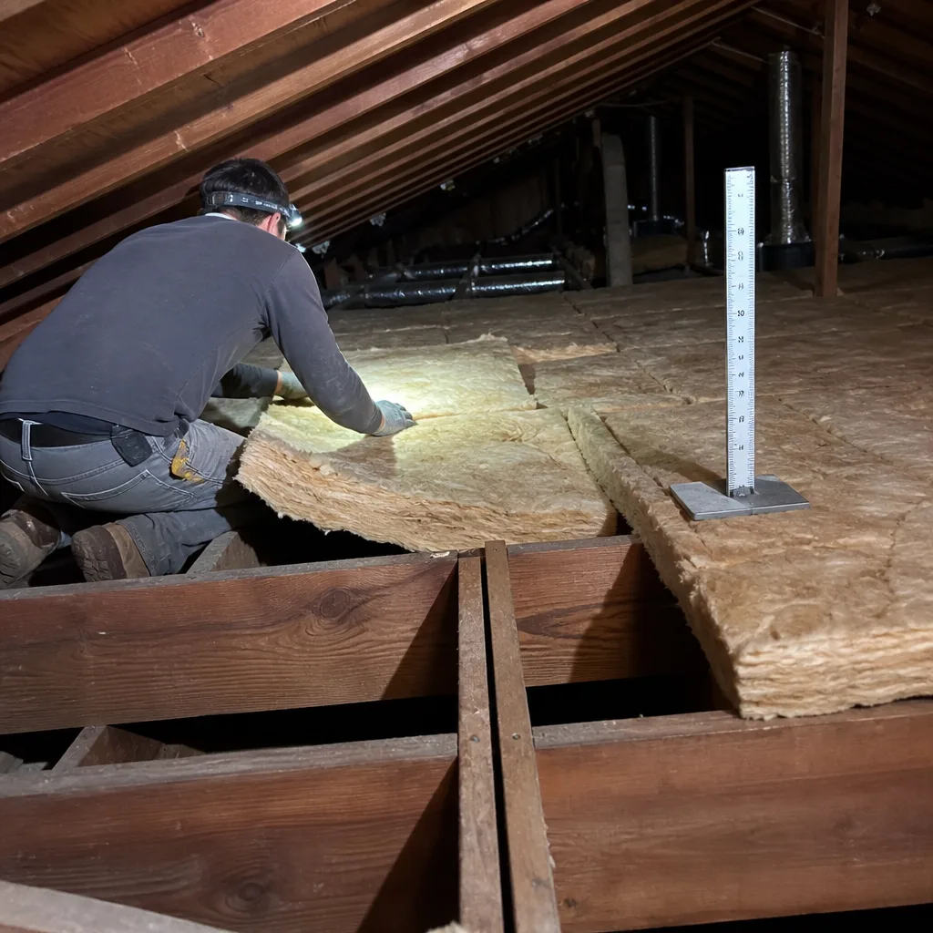 Professional technician installing attic insulation with depth gauge