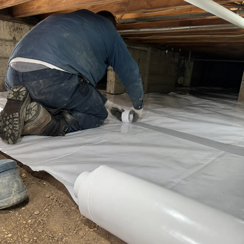Contractor installing white vapor barrier and sealing seams in crawl space