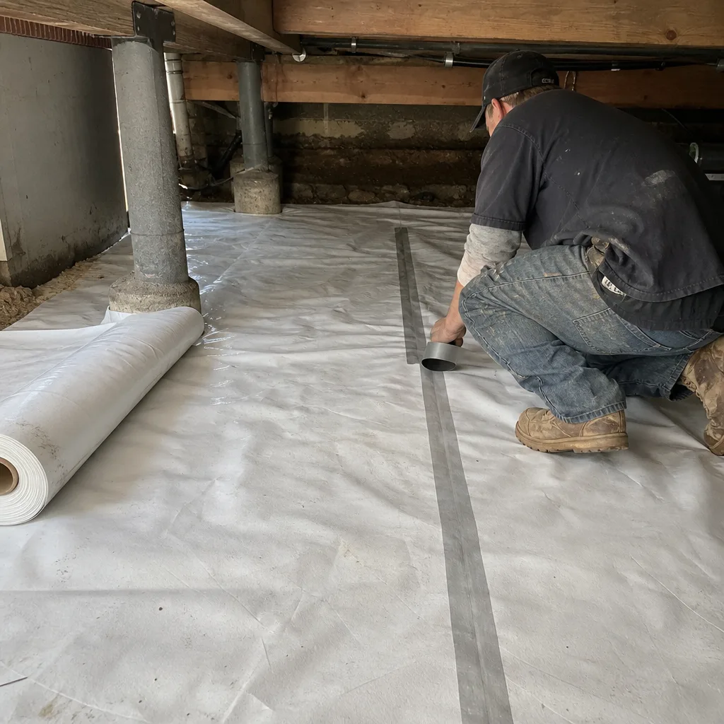 Contractor installing vapor barrier insulation in a crawl space.
