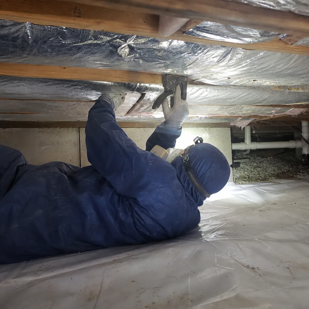 Professional contractor installing crawl space vapor barrier insulation