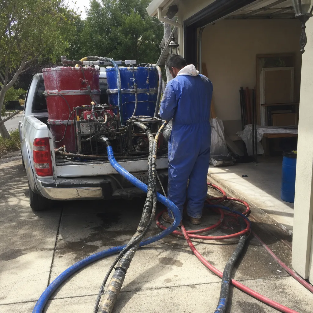 Technician setting up equipment for professional spray foam insulation installation